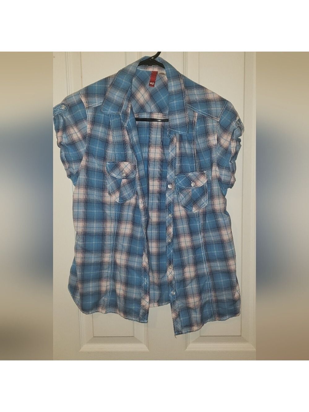 Divided Plaid Button Up Capped Sleeve Lightweight